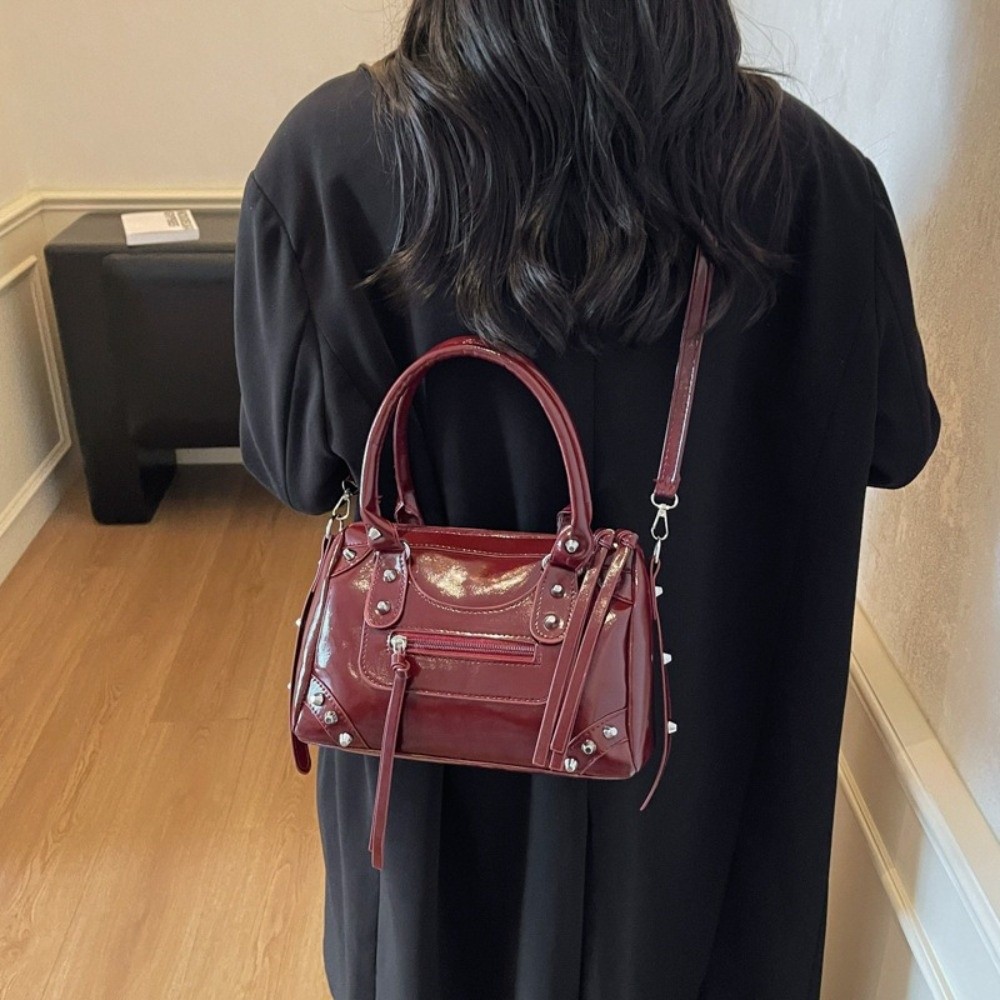 Top Handle Patent Bag - Fashion Rivets Pillow Bag Large Capacity