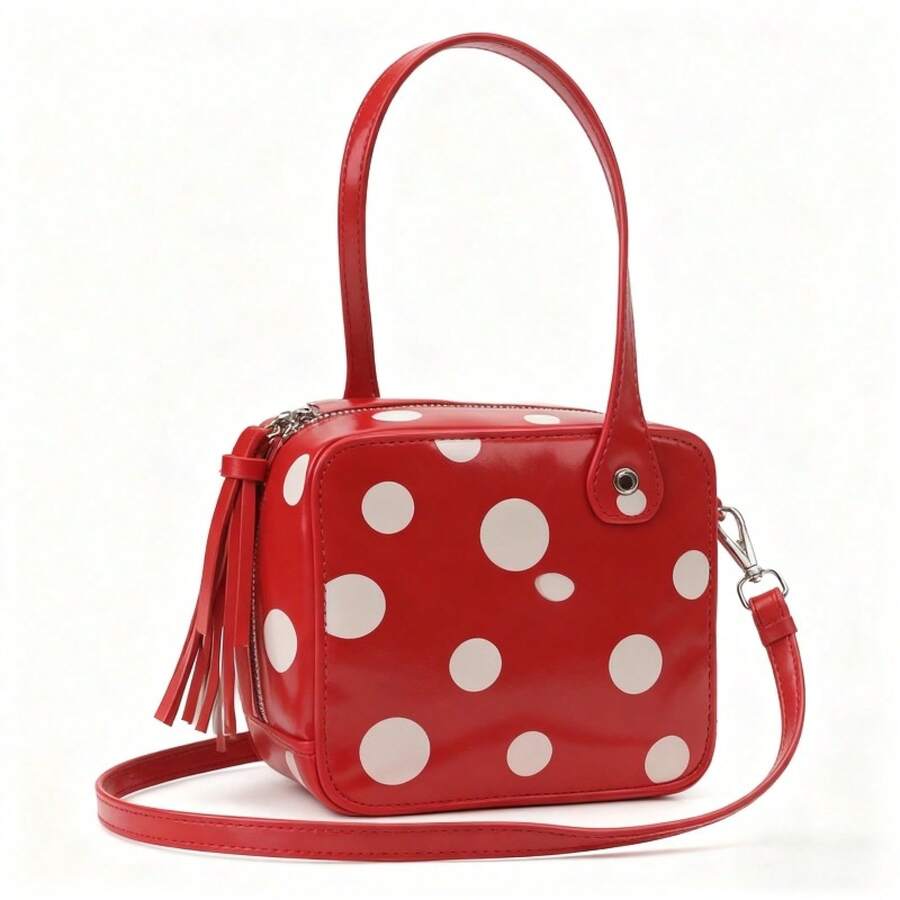 Womens Red Polka Dot Cube Box  - Top Handle Patent Bag のレビューと価格